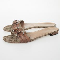 مملوكة مسبقًا Gucci Guccissima Bamboo Horsebit Kitty Flat Slides Size 36.5