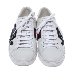 Gucci White Leather Crystal Embellished Snake Python Trim Web Detail Ace Low Top Sneakers Size 37.5