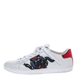 Gucci White Leather Crystal Embellished Snake Python Trim Web Detail Ace Low Top Sneakers Size 37.5