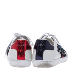 Gucci White Leather Crystal Embellished Snake Python Trim Web Detail Ace Low Top Sneakers Size 37.5