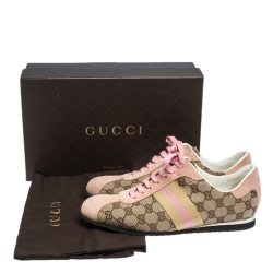 Pre Owned Gucci Beige GG Monogram Canvas and Pink Suede Web Lace Up Sneakers Size 40