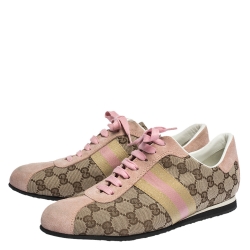 Pre Owned Gucci Beige GG Monogram Canvas and Pink Suede Web Lace Up Sneakers Size 40