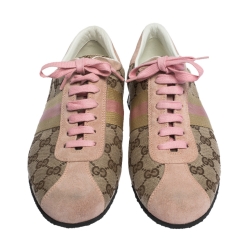 Pre Owned Gucci Beige GG Monogram Canvas and Pink Suede Web Lace Up Sneakers Size 40