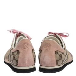 Pre Owned Gucci Beige GG Monogram Canvas and Pink Suede Web Lace Up Sneakers Size 40