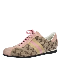 Pre Owned Gucci Beige GG Monogram Canvas and Pink Suede Web Lace Up Sneakers Size 40
