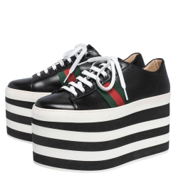 مملوكة مسبقًا حذاء رياضي غوتشي بيغي جلد أسود نعل سميك مزين ويب مقاس 39
