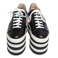 مملوكة مسبقًا حذاء رياضي غوتشي بيغي جلد أسود نعل سميك مزين ويب مقاس 39