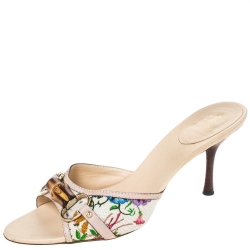 Pre Owned Gucci Multicolor Floral Canvas Bamboo Horsebit Slides Size 40