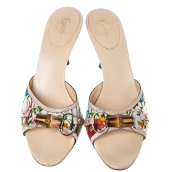 Pre Owned Gucci Multicolor Floral Canvas Bamboo Horsebit Slides Size 40