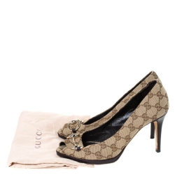 مملوكة مسبقًا حذاء ك عب عالي غوتشي نيو هوليوود هورسبيت كانفاس وجلد بيج مقاس 38.5