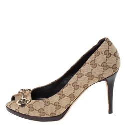 مملوكة مسبقًا حذاء كعب عالي غوتشي نيو هوليوود هورسبيت كانفاس وجلد بيج مقاس 38.5