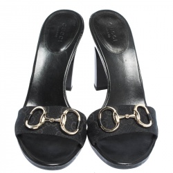 مملوكة مسبقًا Gucci Black GG Canvas Horsebit Slide Sandals Size 37.5