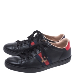 Gucci Black Leather Ace Web Bee Low Top Lace Up Sneakers Size 38.5