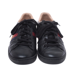 Gucci Black Leather Ace Web Bee Low Top Lace Up Sneakers Size 38.5