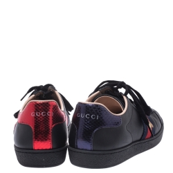 Gucci Black Leather Ace Web Bee Low Top Lace Up Sneakers Size 38.5