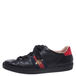 Gucci Black Leather Ace Web Bee Low Top Lace Up Sneakers Size 38.5