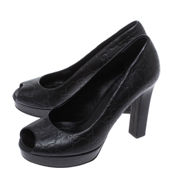 Pre Owned Gucci Black Guccissima Leather Peep Toe Platform Pumps Size 35