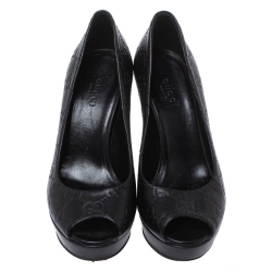 Pre Owned Gucci Black Guccissima Leather Peep Toe Platform Pumps Size 35