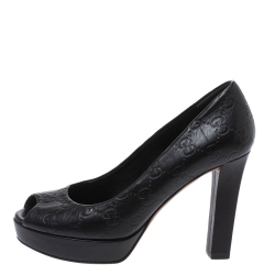 Pre Owned Gucci Black Guccissima Leather Peep Toe Platform Pumps Size 35