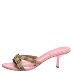 Pre Owned صندل غوتشي كانفاس و جلد وردي وبيج بسيور مقاس 38