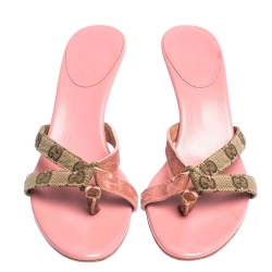 Pre Owned صندل غوتشي كانفاس و جلد وردي وبيج بسيور مقاس 38