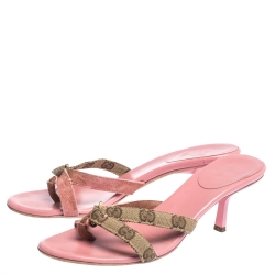 Pre Owned صندل غوتشي كانفاس و جلد وردي وبيج بسيور مقاس 38