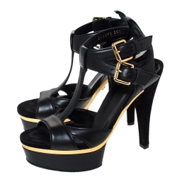 Pre Owned Gucci Black Leather Open Toe Platform Ankle Strap Sandals Size 35.5