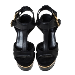 Pre Owned Gucci Black Leather Open Toe Platform Ankle Strap Sandals Size 35.5