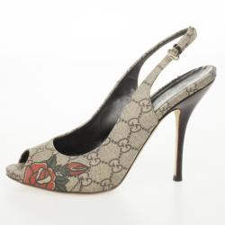 Pre Owned Gucci Guccissima Tattoo Heart Peep Toe Slingback Sandals Size 38.5