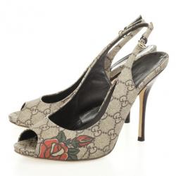 Pre Owned Gucci Guccissima Tattoo Heart Peep Toe Slingback Sandals Size 38.5