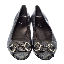 مملوكة مسبقًا حذاء بالرينا فلات غوتشي جولين هورسبيت بمقدمة مفتوحة كانفاس رصاصي وأزرق مقاس 37.5