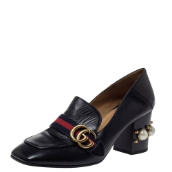 Pre Owned حذاء كعب عالي غوتشي "بيتون" مرصع لؤلؤ تفاصيل ويب و شعار الماركة جي جي جلد أسود مقاس 39.5