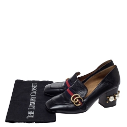 Pre Owned حذاء كعب عالي غوتشي "بيتون" مرصع لؤلؤ تفاصيل ويب و شعار الماركة جي جي جلد أسود مقاس 39.5