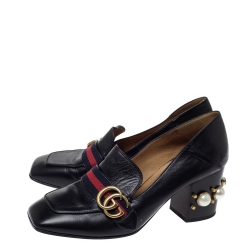 Pre Owned حذاء كعب عالي غوتشي "بيتون" مرصع لؤلؤ تفاصيل ويب و شعار الماركة جي جي جلد أسود مقاس 39.5