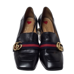 Pre Owned حذاء كعب عالي غوتشي "بيتون" مرصع لؤلؤ تفاصيل ويب و شعار الماركة جي جي جلد أسود مقاس 39.5