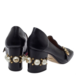 Pre Owned حذاء كعب عالي غوتشي "بيتون" مرصع لؤلؤ تفاصيل ويب و شعار الماركة جي جي جلد أسود مقاس 39.5