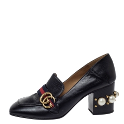 Pre Owned حذاء كعب عالي غوتشي "بيتون" مرصع لؤلؤ تفاصيل ويب و شعار الماركة جي جي جلد أسود مقاس 39.5