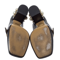 Pre Owned حذاء كعب عالي غوتشي "بيتون" مرصع لؤلؤ تفاصيل ويب و شعار الماركة جي جي جلد أسود مقاس 39.5