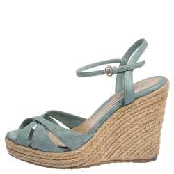 Pre Owned Gucci Pale Blue Micro Guccissima Leather Penelope Espadrille Wedges Size 37.5