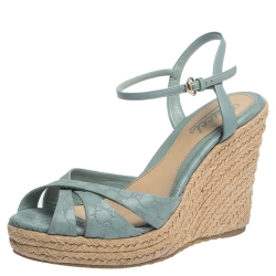 Pre Owned Gucci Pale Blue Micro Guccissima Leather Penelope Espadrille Wedges Size 37.5
