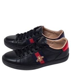 Gucci Black Leather Ace Web Bee Low Top Lace Up Sneakers Size 37