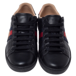 Gucci Black Leather Ace Web Bee Low Top Lace Up Sneakers Size 37