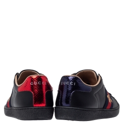 Gucci Black Leather Ace Web Bee Low Top Lace Up Sneakers Size 37