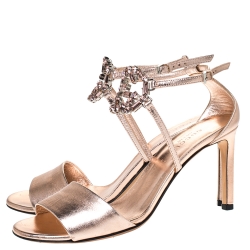Gucci Metallic Leather Crystal Embellished GG Logo Ankle Strap Sandals Size 37