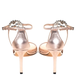 Gucci Metallic Leather Crystal Embellished GG Logo Ankle Strap Sandals Size 37