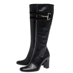 Pre Owned Gucci Black Leather Horsebit Knee Length Boots Size 38