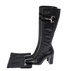 Pre Owned Gucci Black Leather Horsebit Knee Length Boots Size 38