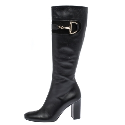 Pre Owned Gucci Black Leather Horsebit Knee Length Boots Size 38