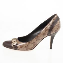 Pre Owned Gucci Beige Crystal Guccissima Cap Toe Bow Pumps Size 37