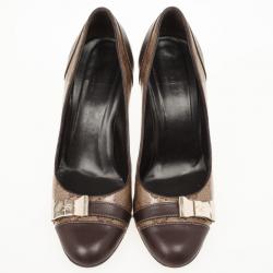 Pre Owned Gucci Beige Crystal Guccissima Cap Toe Bow Pumps Size 37